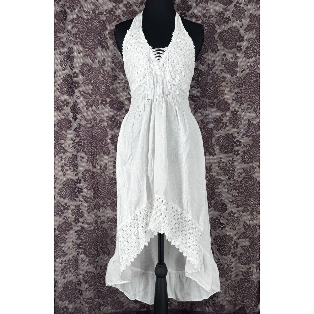 Seaspice White Crochet Halter Dress M Boho Coastal Beach Cottage Prairie Peasant